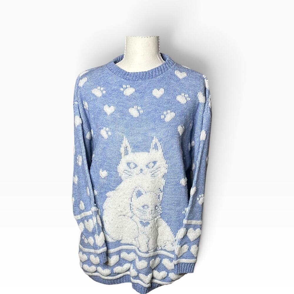 Blue cat & heart knit sweater oversized pullover grandmacore cottagecore